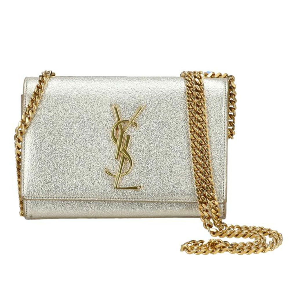 Saint Laurent Kate Metallic Leather Chain Uf Shoulder Bag Silver Tan